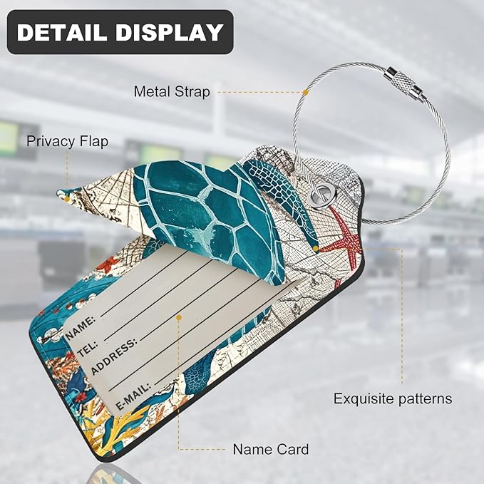 2Pack Luggage Tags for Suitcases, Cute Unique Pu Leather Cruise Luggage Tag with Privacy Cover ID Label Address Card and Metal Ring Suitable for Women Men Kids Travel Bag Retro Map Turtle