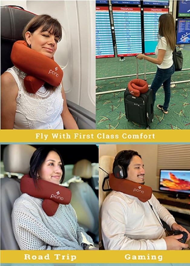 Pono Neck Cradle Travel Pillow: Memory Foam, Ergonomic 360° Adjustable Support, Prevents Neck Pain/Head Nods. Infinity Shape Fits All Adults. Foldable Design for Easy Portability (Amber Blaze)