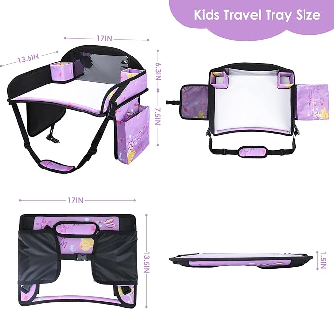 Kids Travel Tray for Airplane - Toddler Car Seat Table Tray, Road Trip Essentials for Boys & Girls, Carseat Lap Desk for Kids Road Trip Activities (Purple Mermaid)