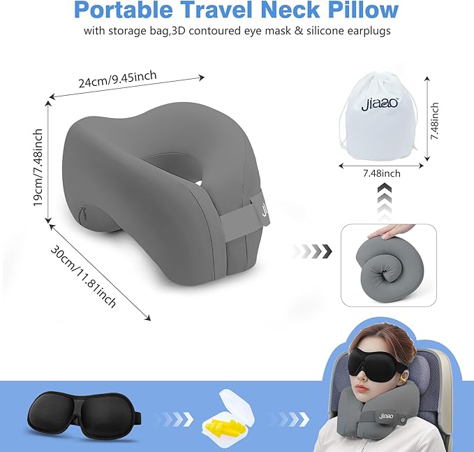 Travel Neck Pillow, Advanced Neck Support for International Flights, 3D Eye Masks, Ear Plugs and Storage Bag, Memory Foam Airplane Pillow for Travel, Sleep Rest, Trains, Road Trips