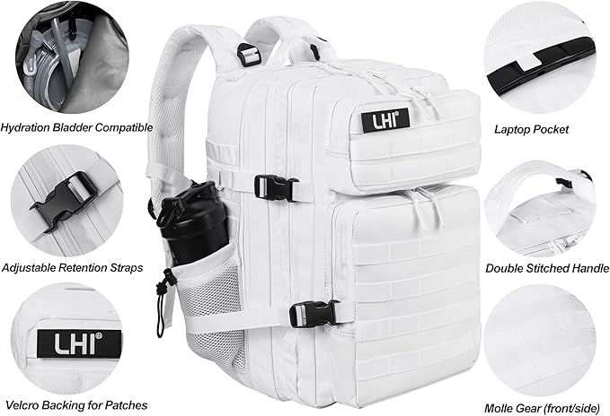 LHI Military Tactical Backpack for Men and Women 45L Army 3 Days Assault Pack Bag Large Rucksack with Molle System - White