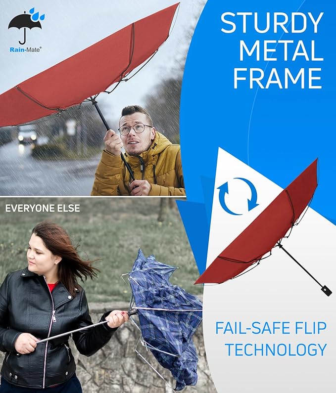 Rain-Mate Windproof Compact Umbrellas for Rain - Strong Reinforced Fiberglass Rib Design & Auto Open & Close - Portable Folding Travel Umbrella - Lightweight & Packable for Women & Men, Easy Collapse