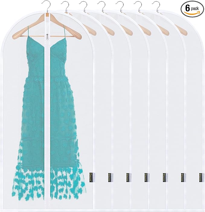 BALEINE 48'' Translucent Garment Bags, 6 Packs PEVA Dress Bag for Closet Clothes Dresses Suit Coats Storage (White, 6PK)