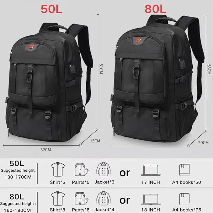 80L Travel Backpack, 18 Inch Laptop Backpack for Men Women, Waterproof Anti-Theft TSA Friendly Flight Approved with USB Interface & Shoe Compartment, Black