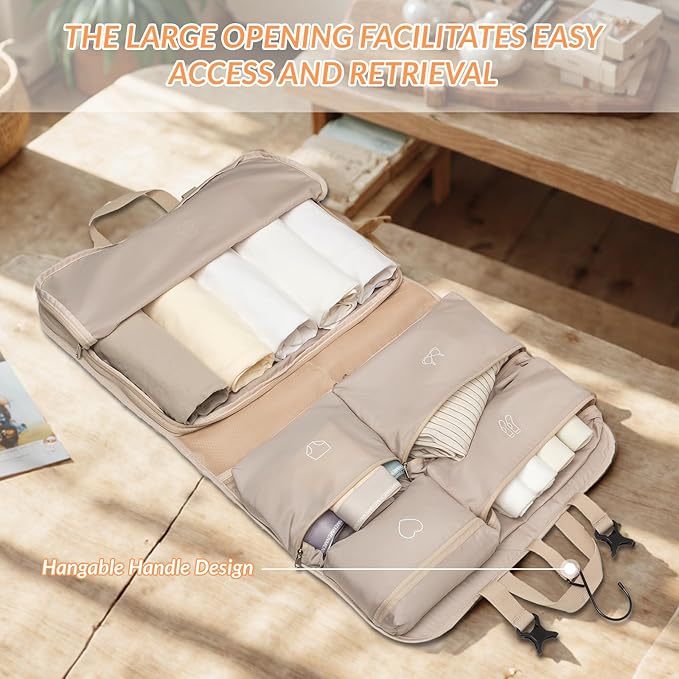 Hanging Packing Cubes,Garment Bags for Travel and Storage, Travel Apparel Bags for Men Women with 5 Solid Color Pockets, Storage Bags for Clothes, Socks,Underwear for Carry on Suitcase (Khaki)