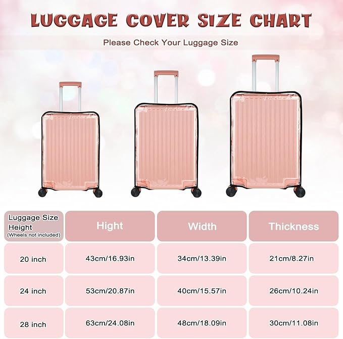 3 Piece Clear PVC Luggage Cover Protector, Waterproof Plastic Suitcase Cover, 20“ 24” 28” Carry On Luggage Protector Suitcase Cover