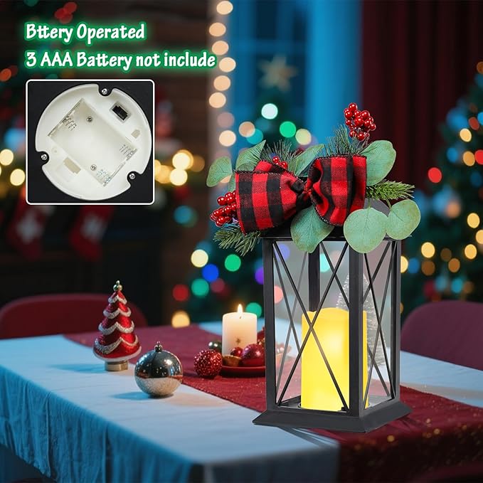 Christmas Outdoor Decor Lanterns 2 Pack, 11" Waterproof Battery Powered LED Hanging Lanterns with Flamessless Candle for Tabletop, Front Porch, Entrance, Indoor, Gift for Women