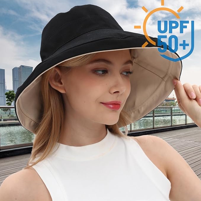 vidsel Womens Sun Hats Wide Brim Reversible Bucket Cotton Hat Packable Summer Travel Cap with Hat Clip,UV Protection