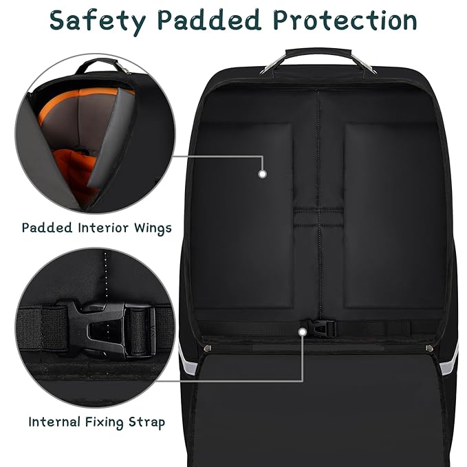 Car Seat Travel Bag,Padded Car Seats Backpack with Steel Cable Handle and Reflective Stripes, Large Durable Carseat Carrier Bag,Airport Gate Check Bag,Infant Seat Travel Bag with Shoulder Strap,Black