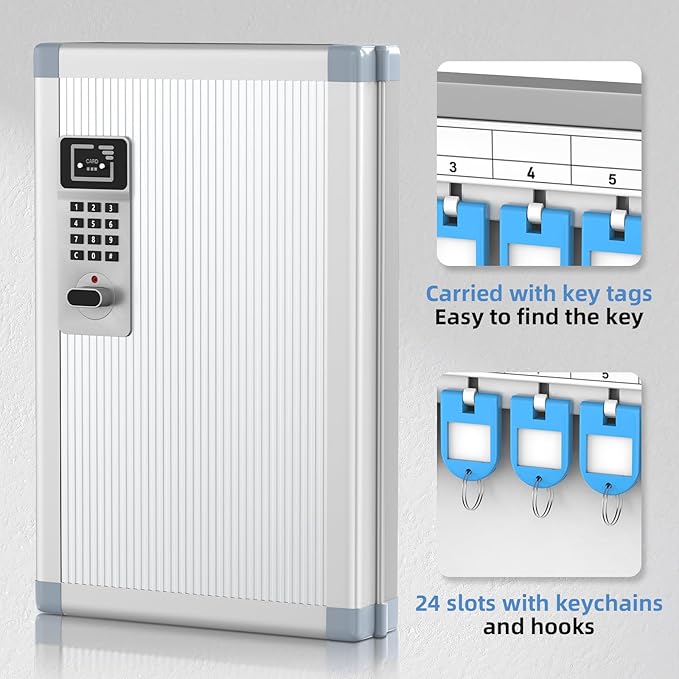 24 Slots Key Box Wall Mount with Code, Key Lock Box with Combination, Key Storage Box with Key Hooks & Tags & Lables, 8.45" x 2.55" x 13" (Silver-Code Lock, 24 Keys)