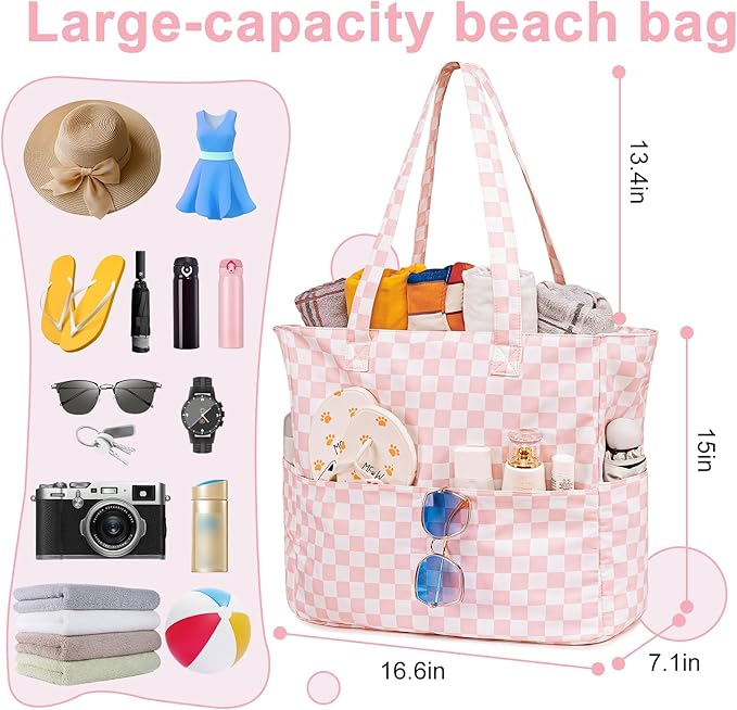 LEDAOU Large Beach Tote Bag Women Waterproof Sandproof Zipper Beach Tote Bag for Pool Gym Grocery Travel with Wet Pocket