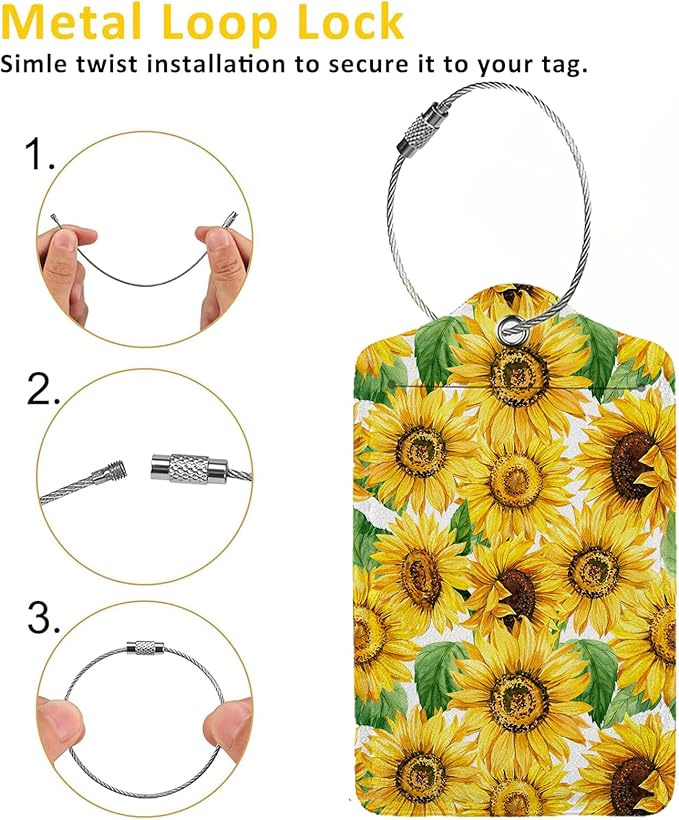Blooming Sunflowers 2 Pcs Luggage Tags,Privacy Cover ID Label with Stainless Steel Loop and Address Card for Travel Bag Suitcase