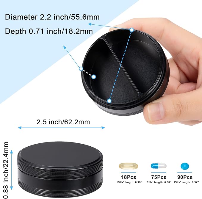 Pill Box 2 Compartment Pill Case - Portable Metal Travel Pill Container for Pocket or Purse, Waterproof Pill Organizer Holder for Medicine Vitamin Fish Oil and Supplements