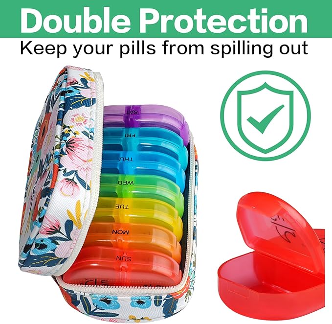 Serfeymi Weekly Travel Pill Organizer 2 Times A Day AM PM Upgraded Rainbow Pill Box 7 Day with Portable Zipper PU Leather Pill Case, Medicine Organizer for Pills, Vitamins, Fish Oils - Floral 03