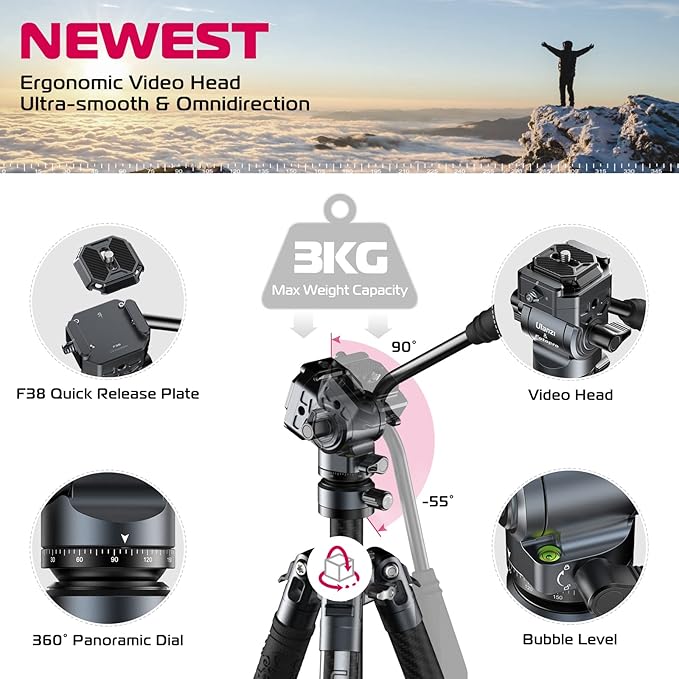 ULANZI F38 Video Travel Tripod, 61.4" Lightweight Carbon Fiber Camera Tripod with Quick Release 1/4" Screw & Video Head, for Most Cameras/DSLR/Projector, Weight 2.38lbs, Maxload 22lbs