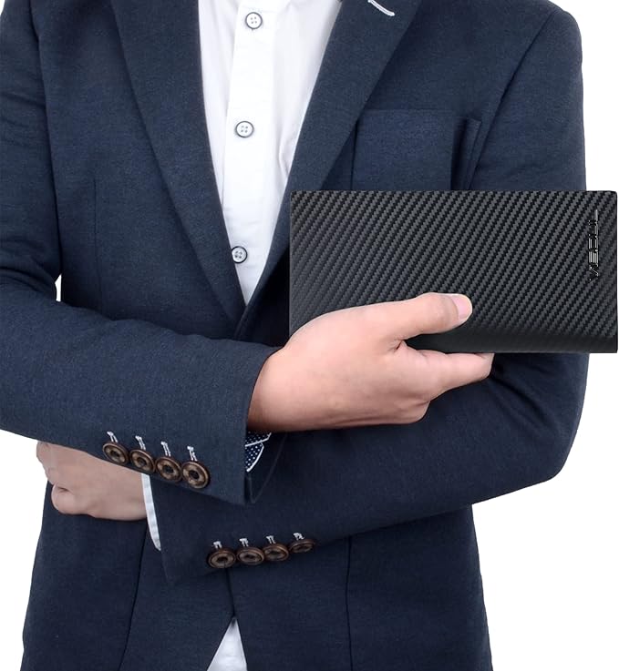 VISOUL Mens Leather Long Checkbook Bifold Wallets with RFID Blocking, Carbon Fiber Leather Tall Wallets for Men (Black+Blue)