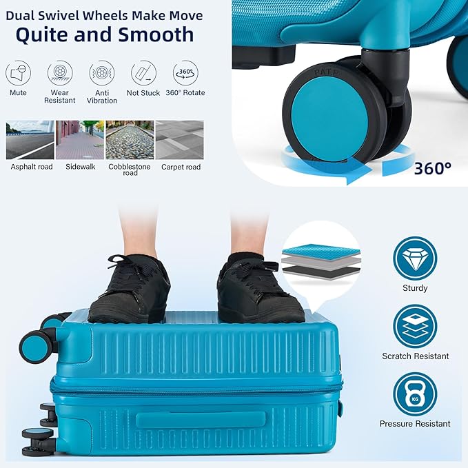 Hard Shell Suitcases Expandable Travel Luggage Sets 2 Piece, Carry on and Check in Luggage Lightweight Suitcase Set 2 Piece with Wheels Cup Holder Charger Built in (Caribbean Blue, 20/28)