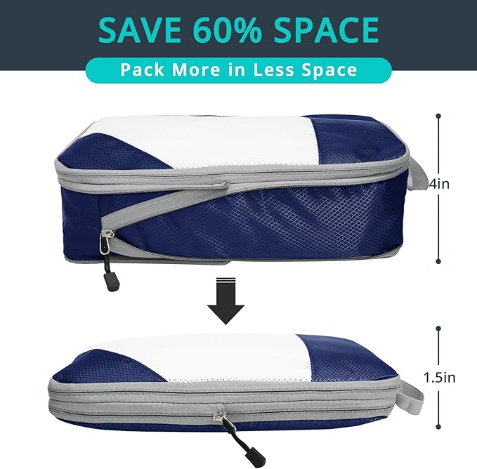3 Set Compression Packing Cubes for Travel - Compressible, Lightweight, and Space-Saving Packing Cubes, Travel Essentials for Women, Navy