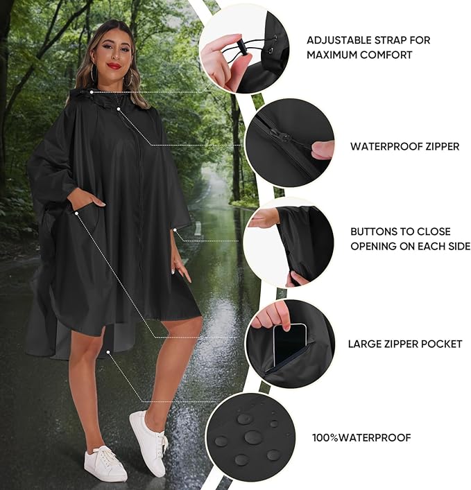 PTEROMY Hooded Rain Poncho for Adult with Pocket and Zipper, Waterproof Lightweight Raincoat for Men and Women