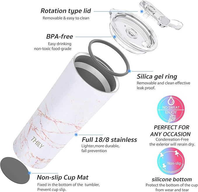 THILY Stainless Steel Vacuum Insulated Tumbler 26 oz Triple-Insulated Travel Mug with Splash-Proof Lid, for Iced Coffee and Hot Beverage, Gold Marble + Blue Marble
