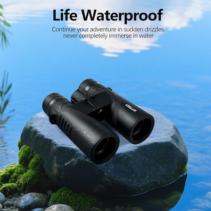 10x42 High Powered Binoculars for Adults, Kttrey Compact Waterproof Binoculars with Clear Low Light Vision for Bird Watching, Hunting, Cruise, Stargazing and Travel, Includes Carrying Bag and Strap