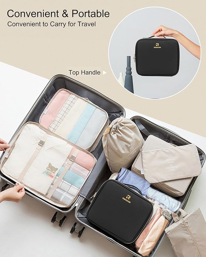 Relavel Makeup Bag with LED Mirror, Travel Makeup Case with Rechargeable Lighted Mirror 3 Color Lights, Dual Layer Cosmetic Box Makeup Brush Lipstick Holder Organizer for Women, Leather Black