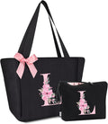 Vavabox Tote Bag, A-Z Initial Monogrammed Waterproof Tote Bag, Bridesmaid Gifts for Women, Black and Pink