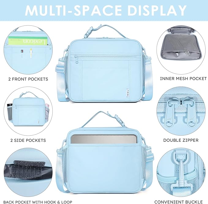 NOL Kids Lunch Bag - Kids 3+ Reusable Insulated Lunch Box with Zipper Closure Buckle Handle Adjustable Long Shoulder Strap, Easy-Clean Waterproof Fabric, Children Lunch Tote Bag for School -Light blue