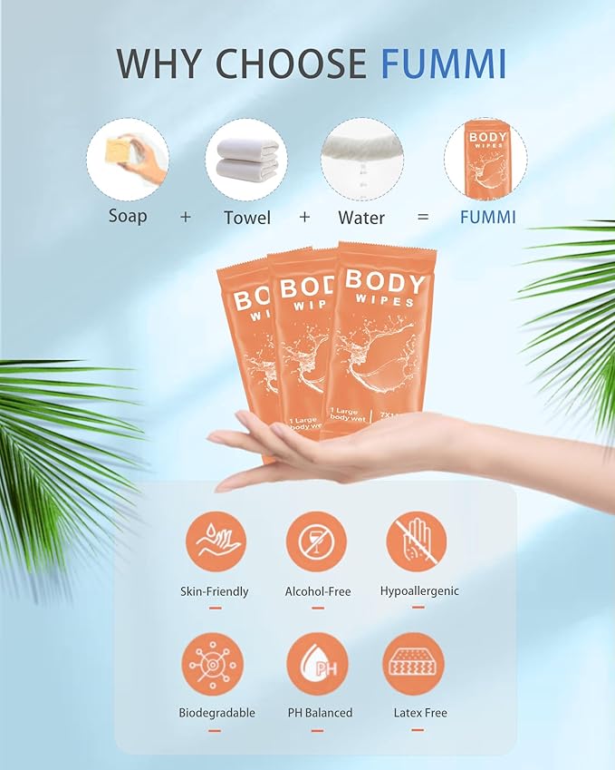 FUMMI 300 Pack Body Wipes – Large Individually Packaged Bath Wipes for Adults, Travel, Gym, Camping, Elderly, Bedridden – No Rinse Bath Wipes, Moisturizing & Refreshing Clean