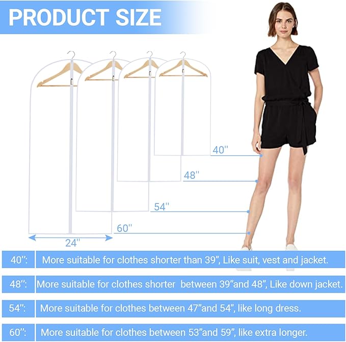 Garment Bags for Hanging Clothes 24'' x 54'' (Set of 12) Coat Covers for Closet Foldable Washable Dress Bags for Hanging Clothes for Long Dress Dance Costumes Suits Gowns Coats