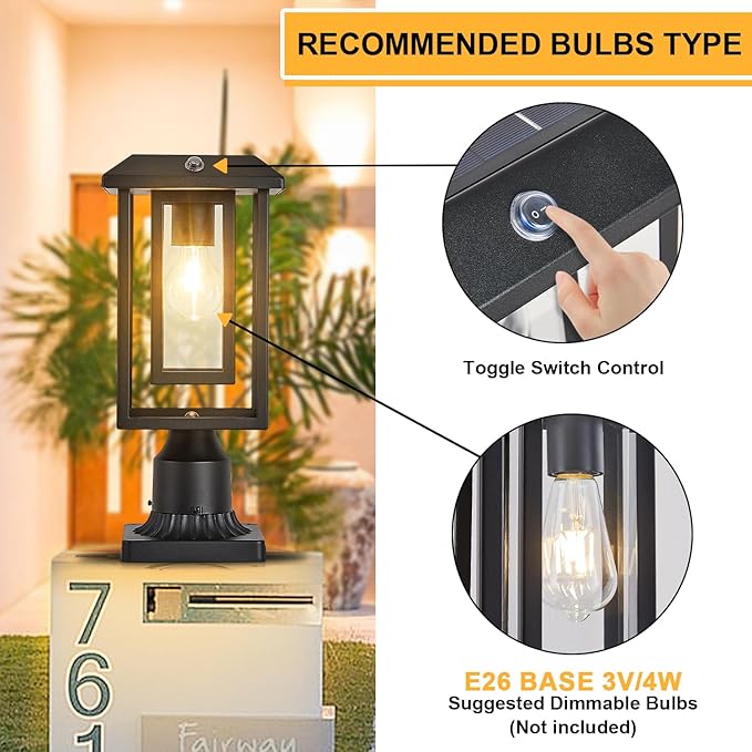 Solar Lamp Post Lights for Outdoor with Pier Mount Base, Dusk to Dawn Pole Light Head with Waterproof, Exterior Solar Powered Pillar Lights Fixture for Yard, Garden, Pathway, Black