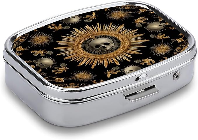 Metal 2 Compartment Pill Organizer Travel Friendly Portable Compact Pill Box Cute Pill Case,for Pocket Wallets Daily Portable Medicine Vitamin Tablet Storage (The Skeleton in The Center)
