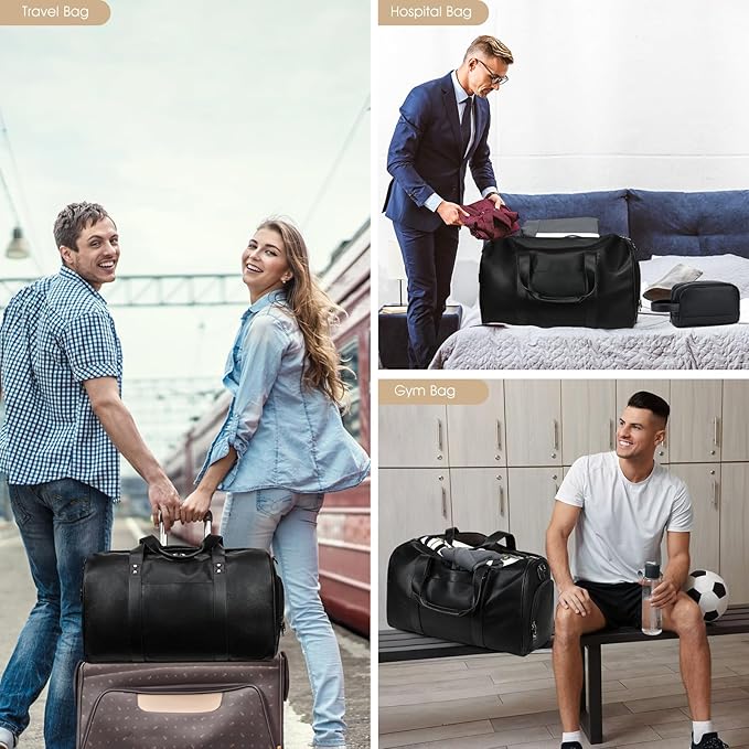 Wogarl 3PCS Leather Weekender Bag for Women Men Large Overnight Bag Travel Duffel Bag with Shoe Compartment Toiletry Packing Cube Carry On Bag Fit 21"" Laptop(Black), YT042