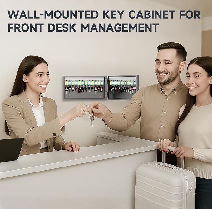 24-Key Cabinet Organizer - Key Lock Box & Safe Security Storage Holder for Valets, Hotels, Car & House Keys, Keeper Box - Black