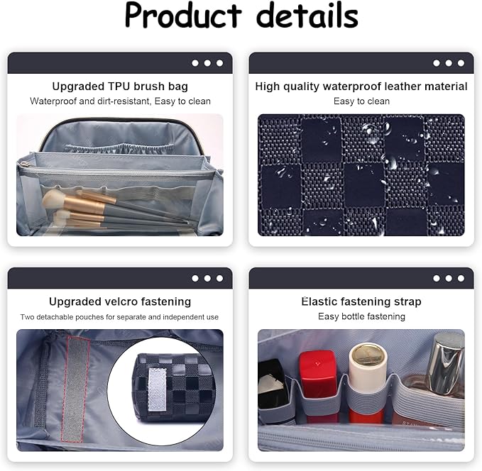 Travel Makeup Bag Organizer Cosmetic Bag: 3 Pcs Set Make up Bags for Women with Handle - Waterproof Vegan Leather Toiletry Bags with Comparments (C-12-Dark Blue)