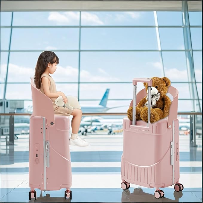 TABU 20" Ride-on Luggage with Seat，Front Opening Carry-On Hardshell Ride On Suitcase with Built-in Charging Port, 360° Lockable Spinner and TSA Lock, for Kids & Adults, Pink