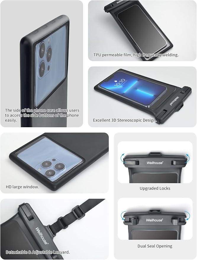 wellhouse Waterproof Phone Pouch, Waterproof Phone Case for iPhone 16 15 14 13 12 Pro Max XS Samsung, IPX8 3D Cellphone Dry Bag Beach Essentials (2 Pack - Black & Green 8.0", 8 inch)
