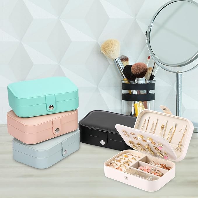 Travel Jewelry Box, PU leather Small Jewelry Organizer For Female Girls, double layer portable mini travel case for storing earrings, rings, necklaces.(Bright White)
