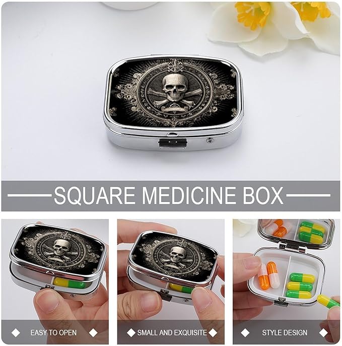 Metal 2 Compartment Pill Organizer Travel Friendly Portable Compact Pill Box Cute Pill Case,for Pocket Wallets Daily Portable Medicine Vitamin Tablet Storage (Skull)