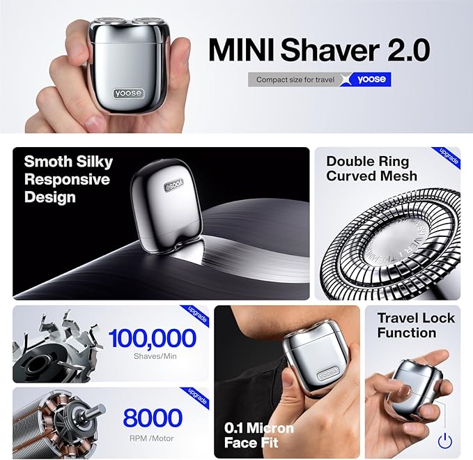 yoose Mini Electric Shaver, Alloy Portable Travel Shavers, Cordless Shaving, USB-C Rechargeable Electric Razor for Men, Dry Shave, IPX7 Waterproof, Detachable Head, Easy Cleaning, Yellow