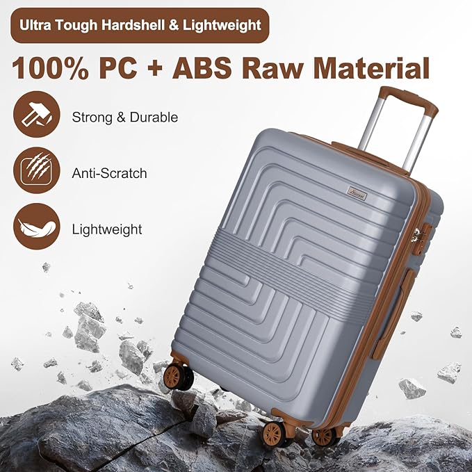 Romswi Luggage Sets 3 Piece Expandable PC+ABS Suitcases, Durable Hardshell Lightweight Suitcase Set with TSA Lock Dual Spinner Wheels, 21/24/28 Inch, Silver