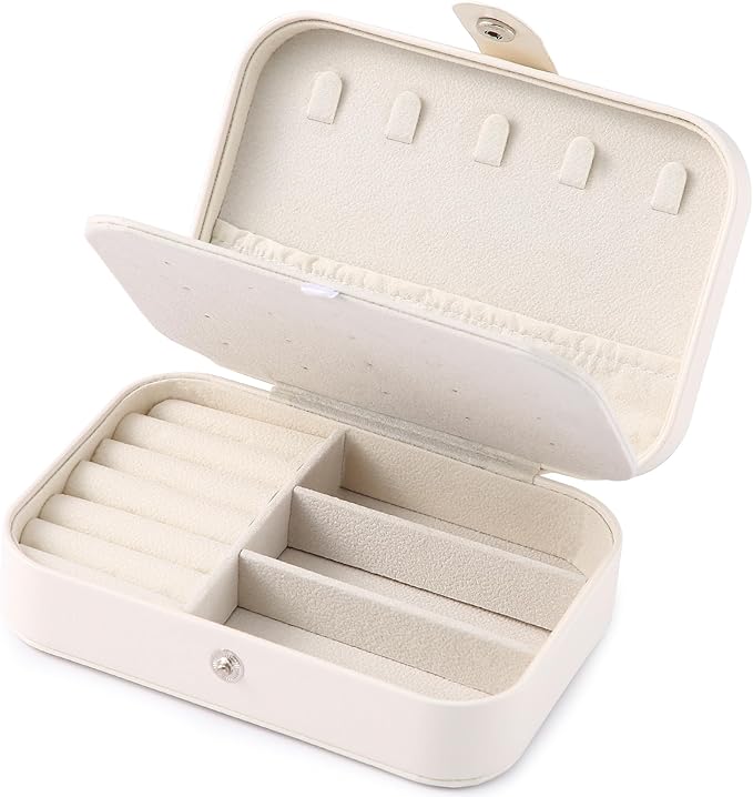 Travel Jewelry Box, PU leather Small Jewelry Organizer For Female Girls, double layer portable mini travel case for storing earrings, rings, necklaces.(Bright White)