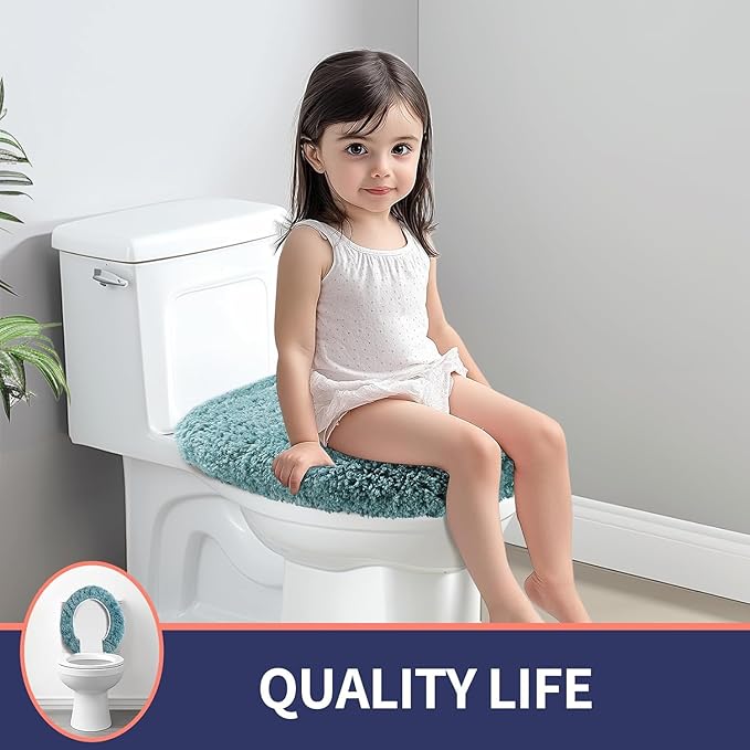 Microfiber Elongated Toilet Seat Cover 19.5"x 15" Machine Washable Solid Toilet Lid Cover Adjustable Rubber Backing Fits Most 18-19.5" L x 14-16" W Elongated Toilet Seat