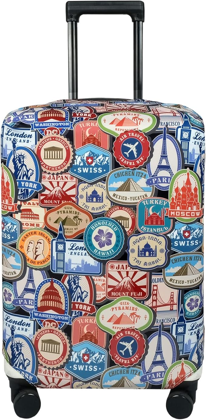 Explore Land Travel Luggage Cover Suitcase Protector Fits 31-32 Inch Case (Landmark Sticker, XL)