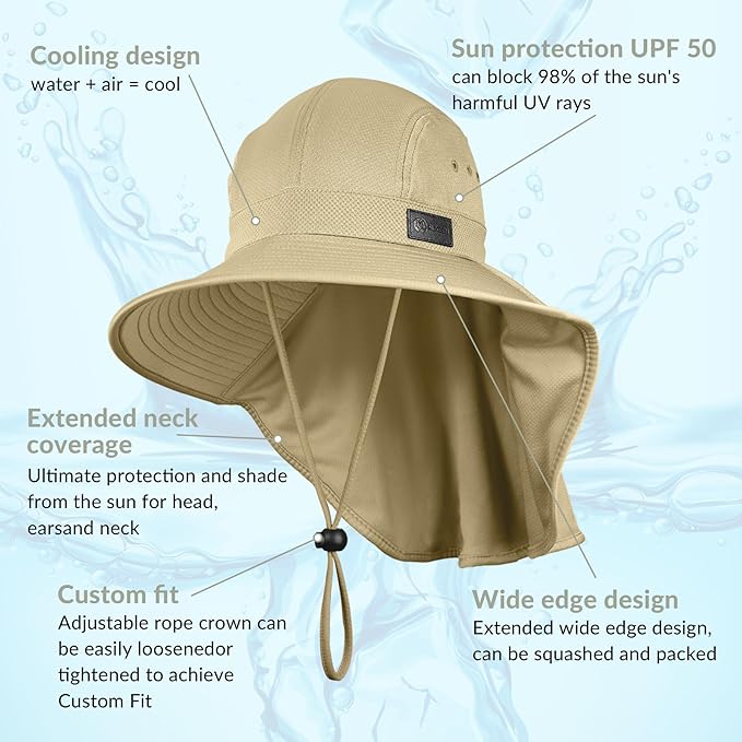 Sukeen Cooling Sun Hat for Men Women UPF50+ Wide Brim Fishing Hat with Neck Flap Adjustable Foldable Bucket Hat for Hiking