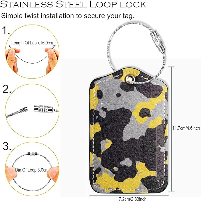 Luggage Tags for Suitcases-Leather Luggage Tag 4 Pack with Loops Cute Bag/Backpack/Suitcase Tags Travel Essentials for Flying (Camo-Yellow)