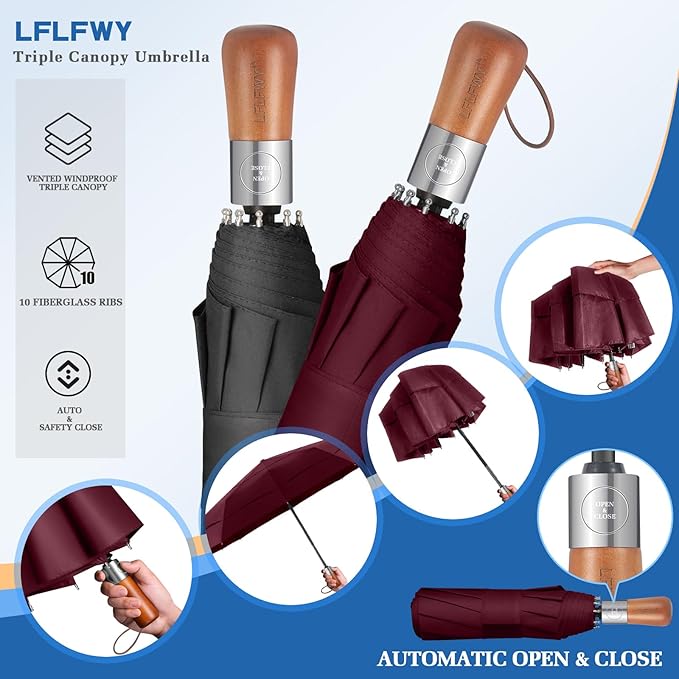 3T Wind Armor Travel Umbrella Compact Easy Auto Open Close Folding Umbrellas for Rain Windproof Umbrella for Women and Men Durable Real Wood Handle Portable Fits Backpack Car