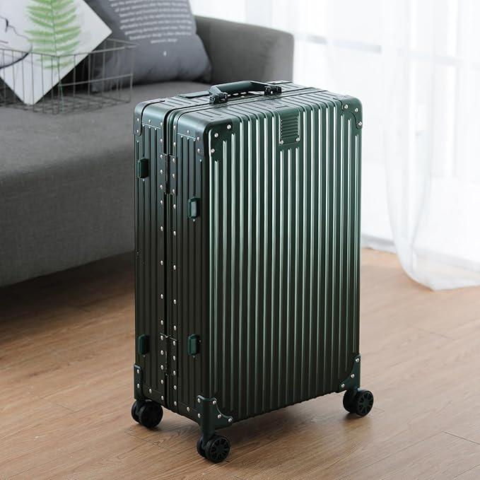 Metal All Aluminum Carry-on Luggage TSA Customs Lock Zipperless Silent Rotary Wheel Business Suitcase Aluminum Frame Set (dark green, 20 '')