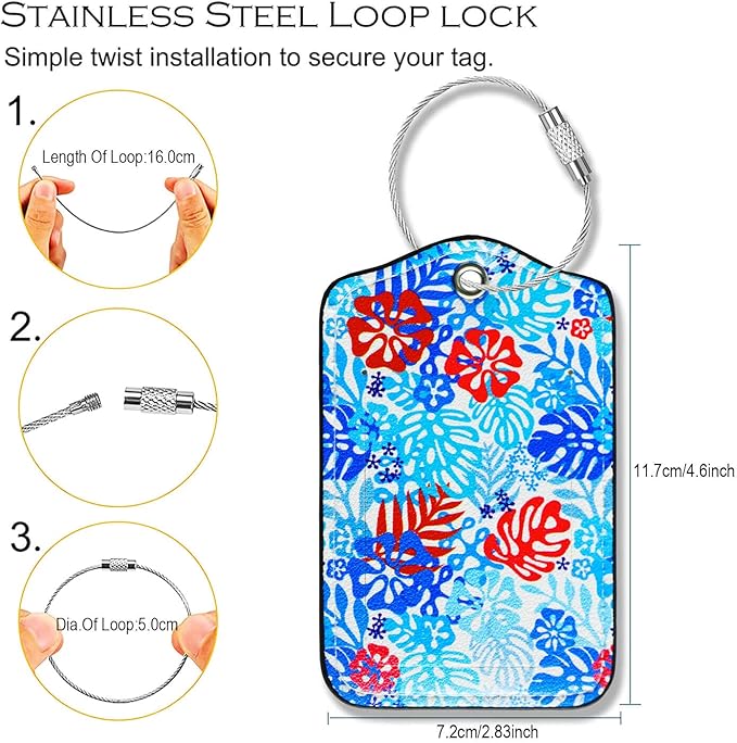 Luggage Tags for Suitcases-Leather Luggage Tag 4 Pack with Loops Hawaii Cute Bag/Backpack/Suitcase Tags Travel Essentials for Flying