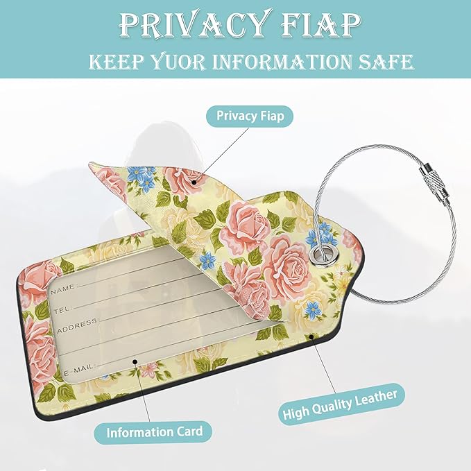 Pink Rose Luggage Tag,Flowers Retro Luggage Tags of Set 2 Leather Identifiers Privacy Cover with Stainless Steel Loop for Women Men Travel Bag Suitcase
